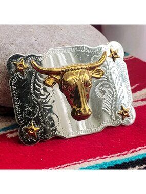 Texas Longhorn Cow Bull Head Steer Nickel Silver Brass Vtg Engraved Belt Buckle